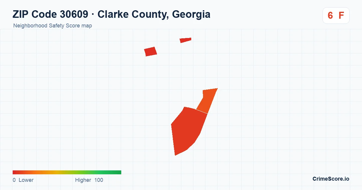 ZIP Code 30609 in Clarke County, Georgia neighborhood Safety Score map