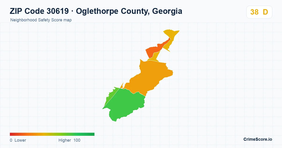 ZIP Code 30619 in Oglethorpe County, Georgia neighborhood Safety Score map