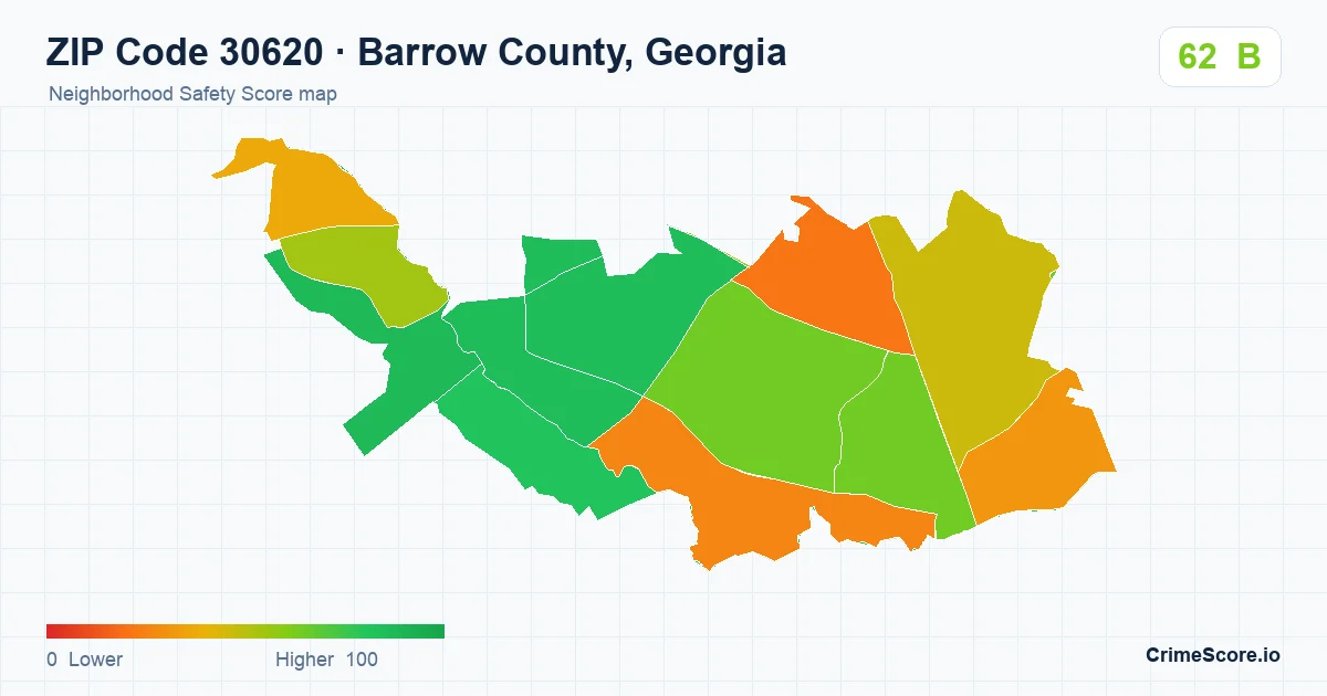 ZIP Code 30620 in Barrow County, Georgia neighborhood Safety Score map