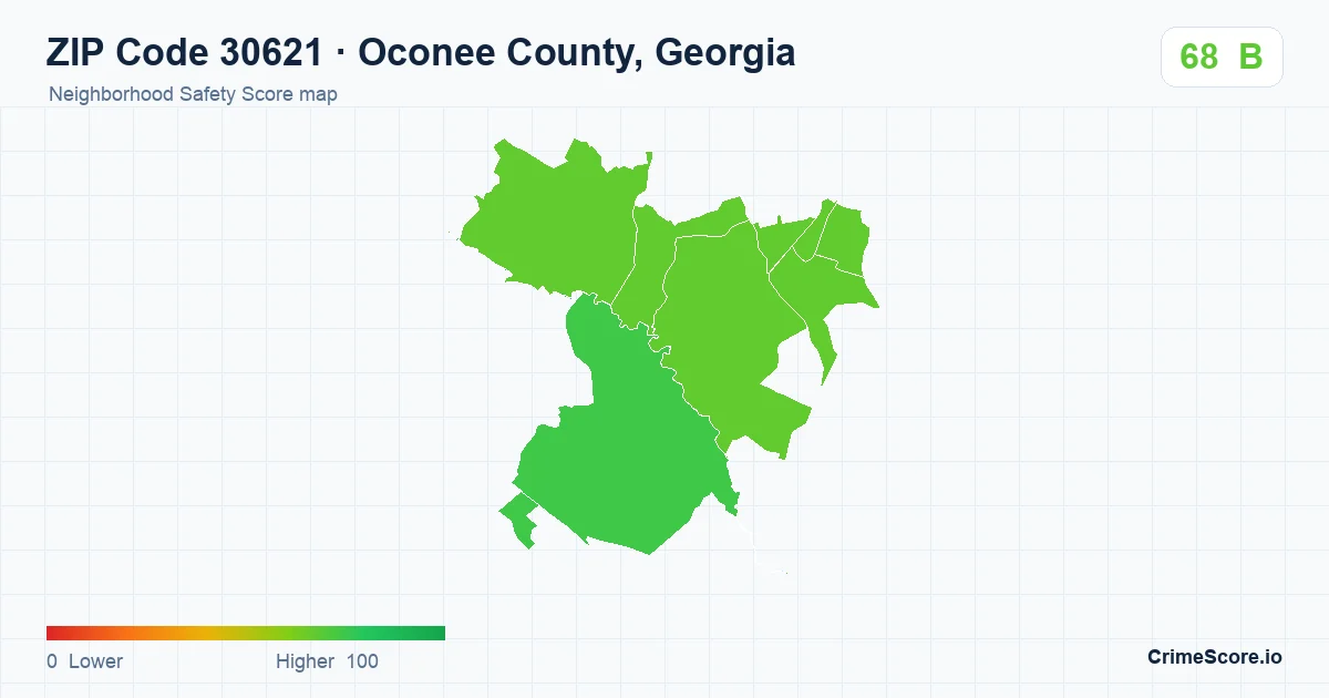ZIP Code 30621 in Oconee County, Georgia neighborhood Safety Score map