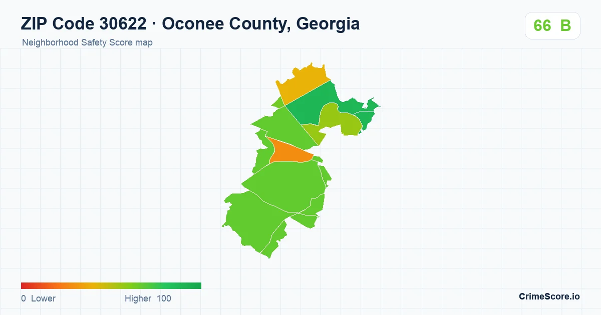 ZIP Code 30622 in Oconee County, Georgia neighborhood Safety Score map