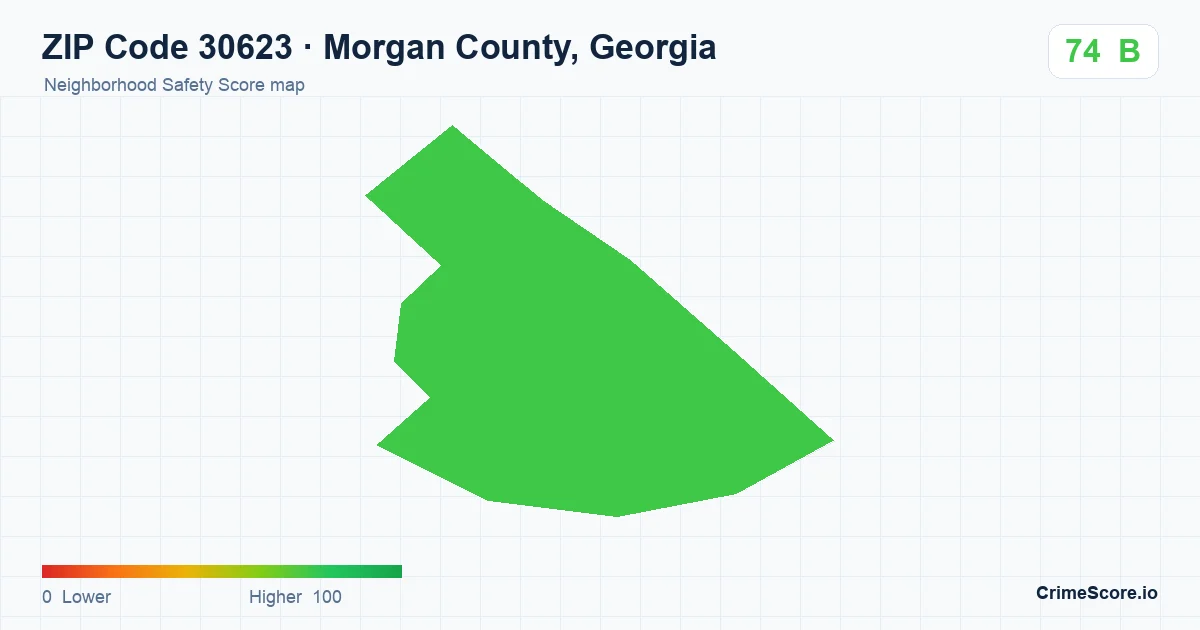 ZIP Code 30623 in Morgan County, Georgia neighborhood Safety Score map