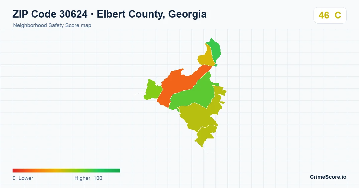 ZIP Code 30624 in Elbert County, Georgia neighborhood Safety Score map