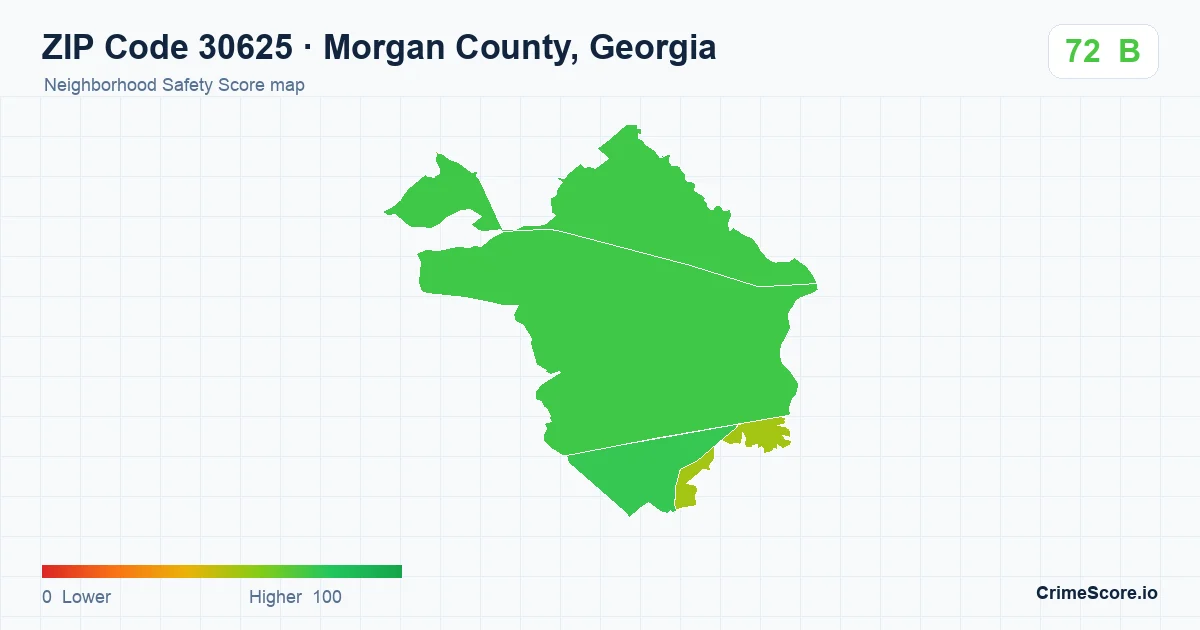 ZIP Code 30625 in Morgan County, Georgia neighborhood Safety Score map