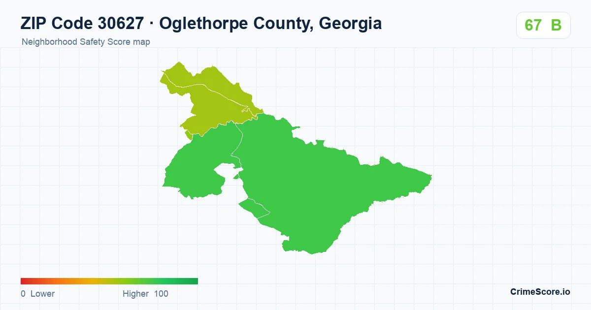 ZIP Code 30627 in Oglethorpe County, Georgia neighborhood Safety Score map