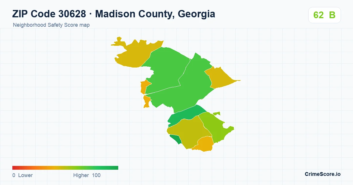 ZIP Code 30628 in Madison County, Georgia neighborhood Safety Score map