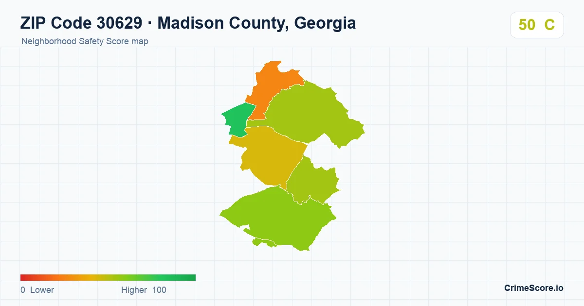 ZIP Code 30629 in Madison County, Georgia neighborhood Safety Score map