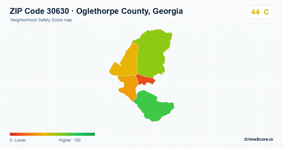 ZIP Code 30630 in Oglethorpe County, Georgia neighborhood Safety Score map