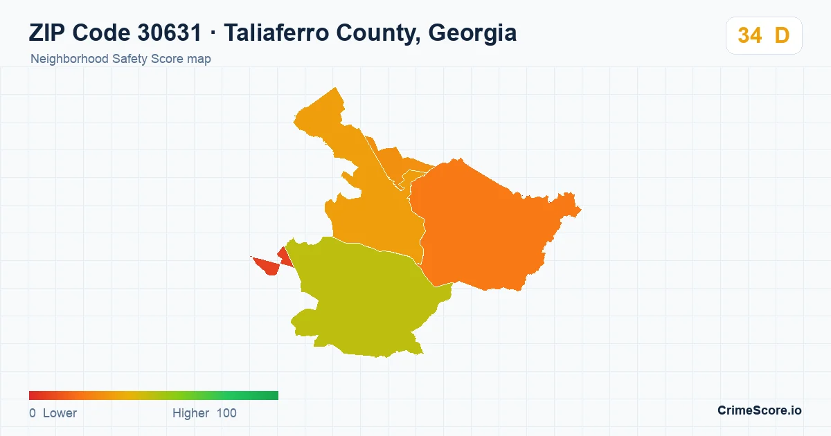 ZIP Code 30631 in Taliaferro County, Georgia neighborhood Safety Score map