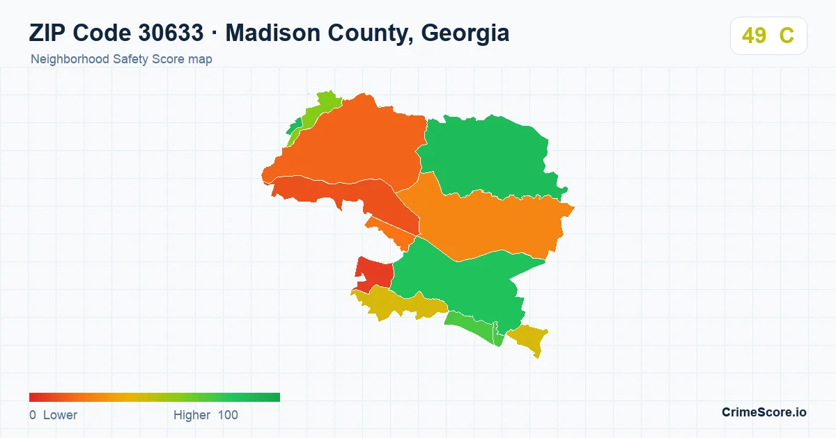 ZIP Code 30633 in Madison County, Georgia neighborhood Safety Score map