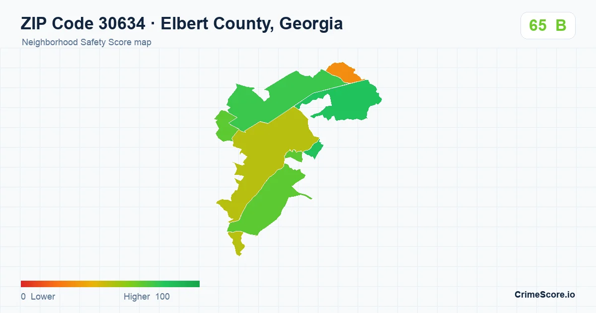 ZIP Code 30634 in Elbert County, Georgia neighborhood Safety Score map