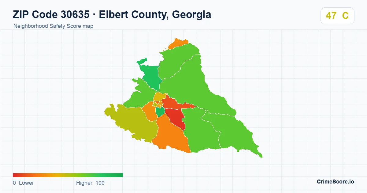 ZIP Code 30635 in Elbert County, Georgia neighborhood Safety Score map