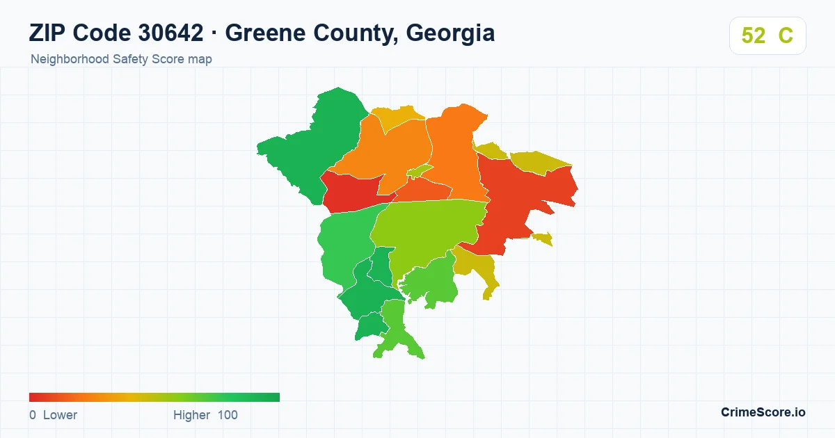 ZIP Code 30642 in Greene County, Georgia neighborhood Safety Score map
