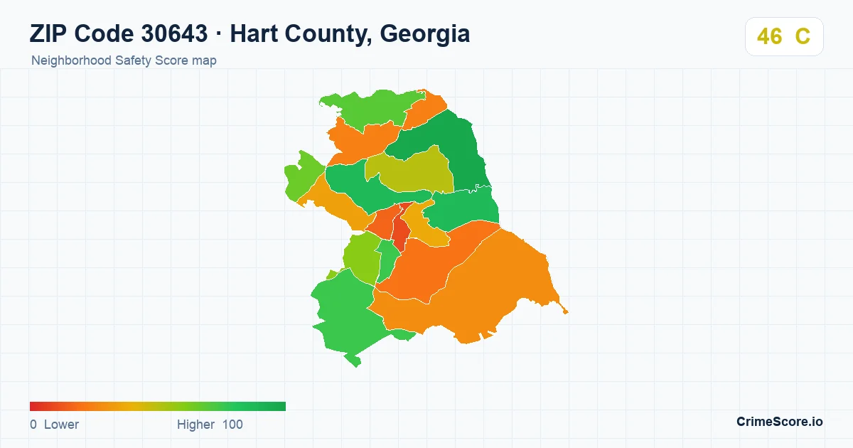 ZIP Code 30643 in Hart County, Georgia neighborhood Safety Score map