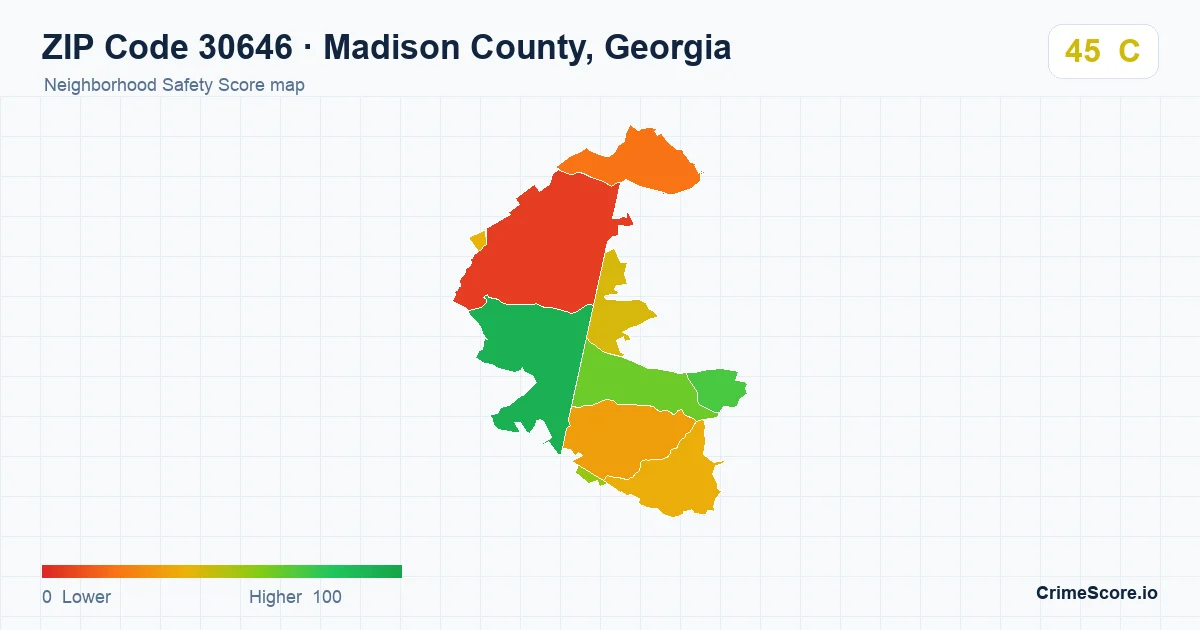 ZIP Code 30646 in Madison County, Georgia neighborhood Safety Score map