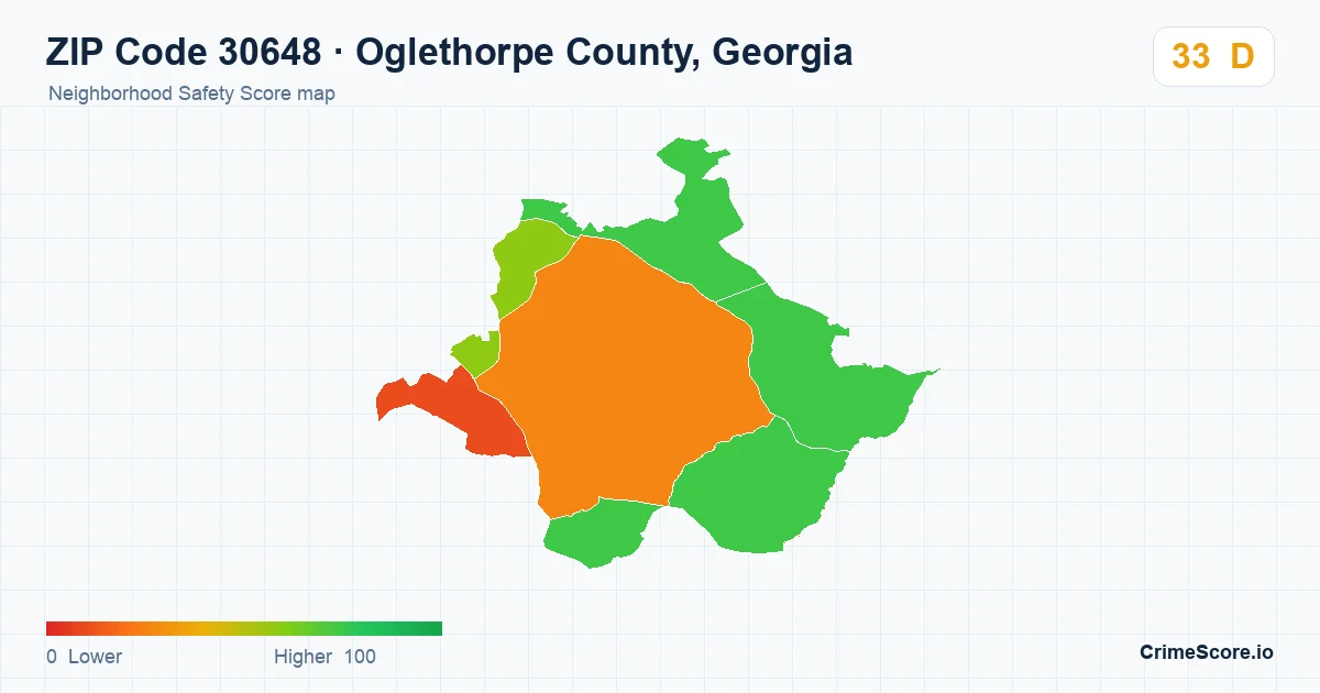 ZIP Code 30648 in Oglethorpe County, Georgia neighborhood Safety Score map