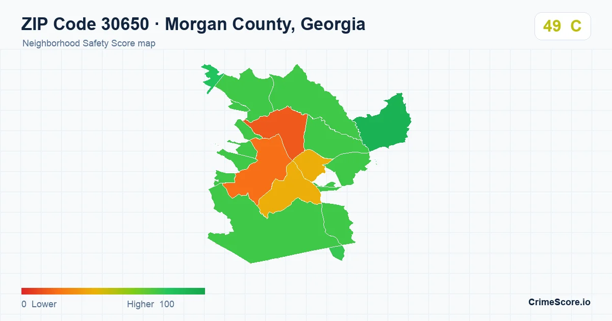 ZIP Code 30650 in Morgan County, Georgia neighborhood Safety Score map