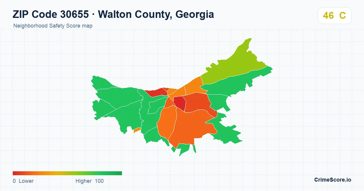 ZIP Code 30655 in Walton County, Georgia neighborhood Safety Score map