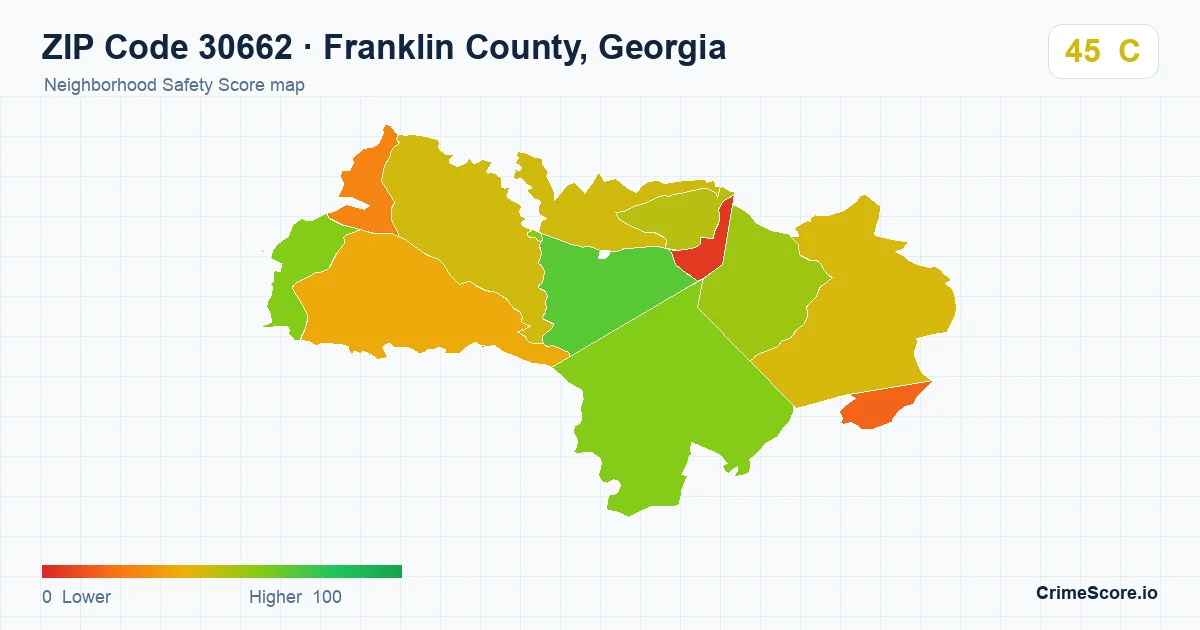 ZIP Code 30662 in Franklin County, Georgia neighborhood Safety Score map