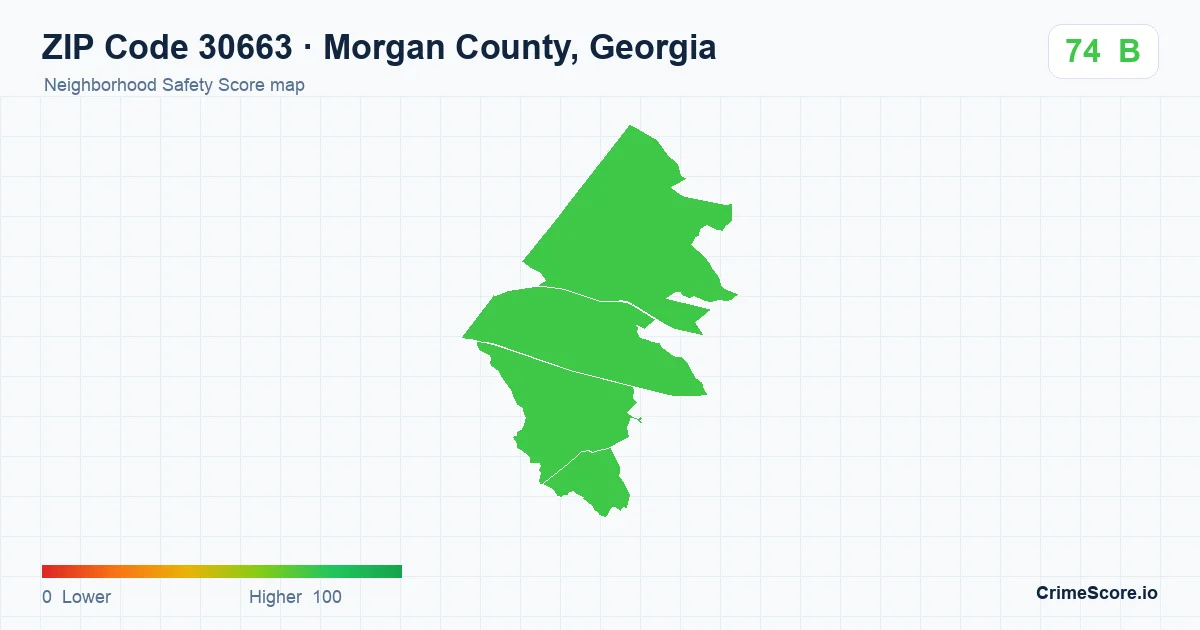 ZIP Code 30663 in Morgan County, Georgia neighborhood Safety Score map