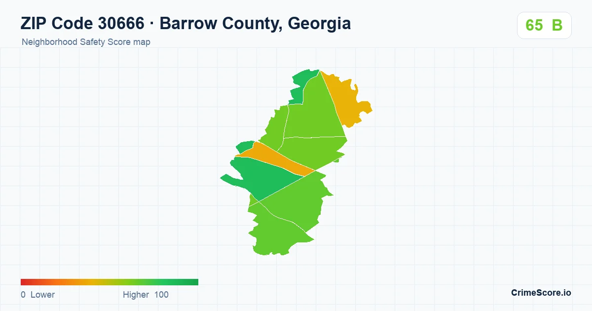 ZIP Code 30666 in Barrow County, Georgia neighborhood Safety Score map