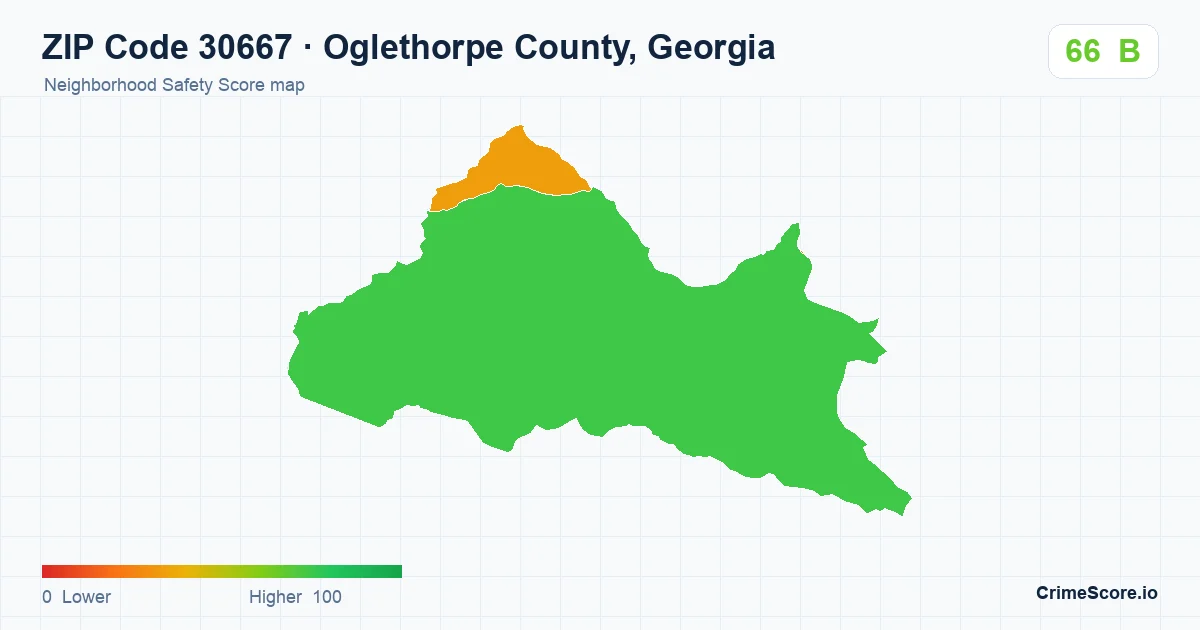ZIP Code 30667 in Oglethorpe County, Georgia neighborhood Safety Score map