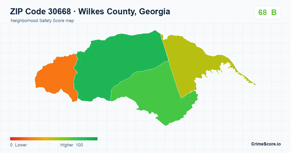 ZIP Code 30668 in Wilkes County, Georgia neighborhood Safety Score map