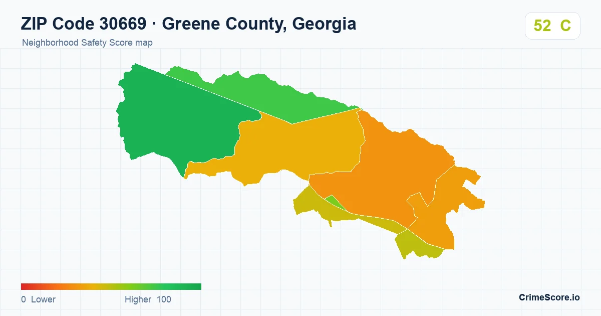 ZIP Code 30669 in Greene County, Georgia neighborhood Safety Score map