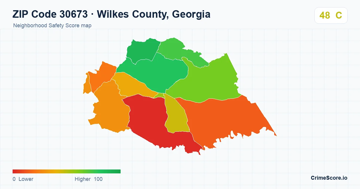 ZIP Code 30673 in Wilkes County, Georgia neighborhood Safety Score map