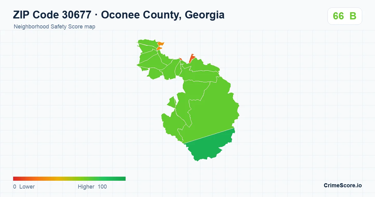ZIP Code 30677 in Oconee County, Georgia neighborhood Safety Score map
