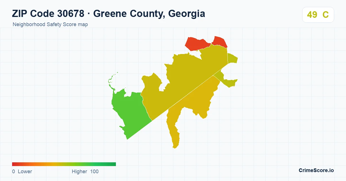 ZIP Code 30678 in Greene County, Georgia neighborhood Safety Score map