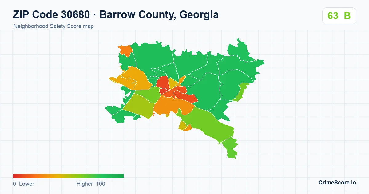 ZIP Code 30680 in Barrow County, Georgia neighborhood Safety Score map
