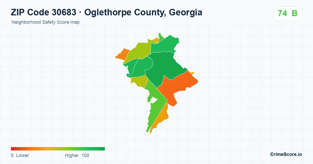 ZIP Code 30683 in Oglethorpe County, Georgia neighborhood Safety Score map