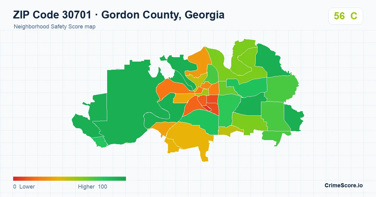 ZIP Code 30701 in Gordon County, Georgia neighborhood Safety Score map