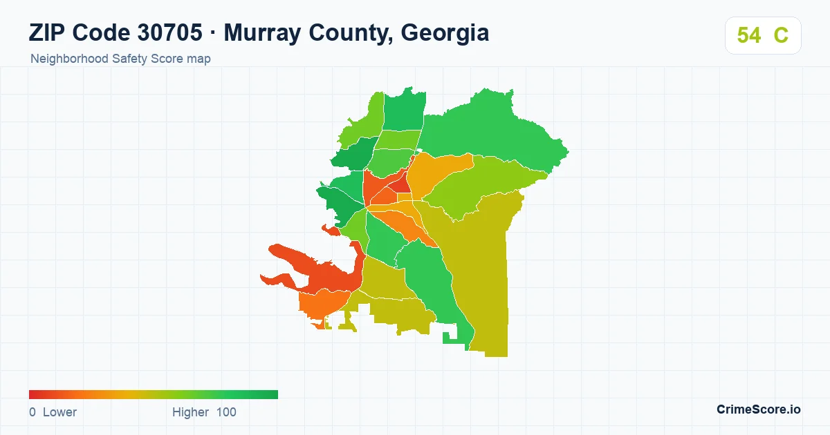 ZIP Code 30705 in Murray County, Georgia neighborhood Safety Score map
