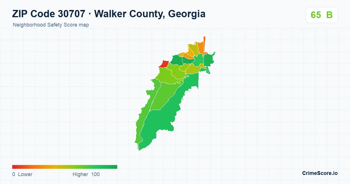 ZIP Code 30707 in Walker County, Georgia neighborhood Safety Score map