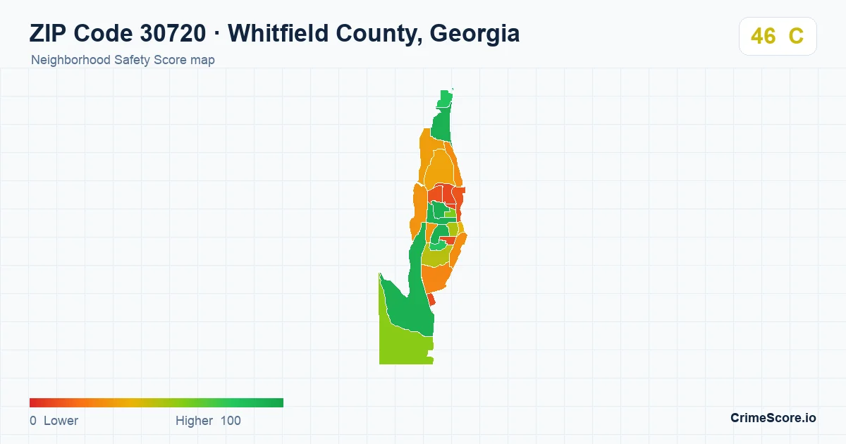ZIP Code 30720 in Whitfield County, Georgia neighborhood Safety Score map