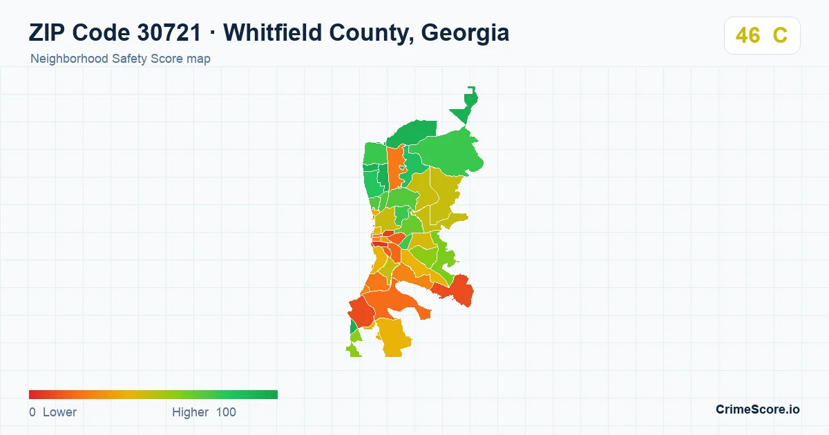 ZIP Code 30721 in Whitfield County, Georgia neighborhood Safety Score map