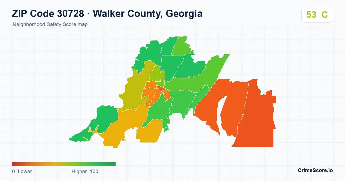 ZIP Code 30728 in Walker County, Georgia neighborhood Safety Score map