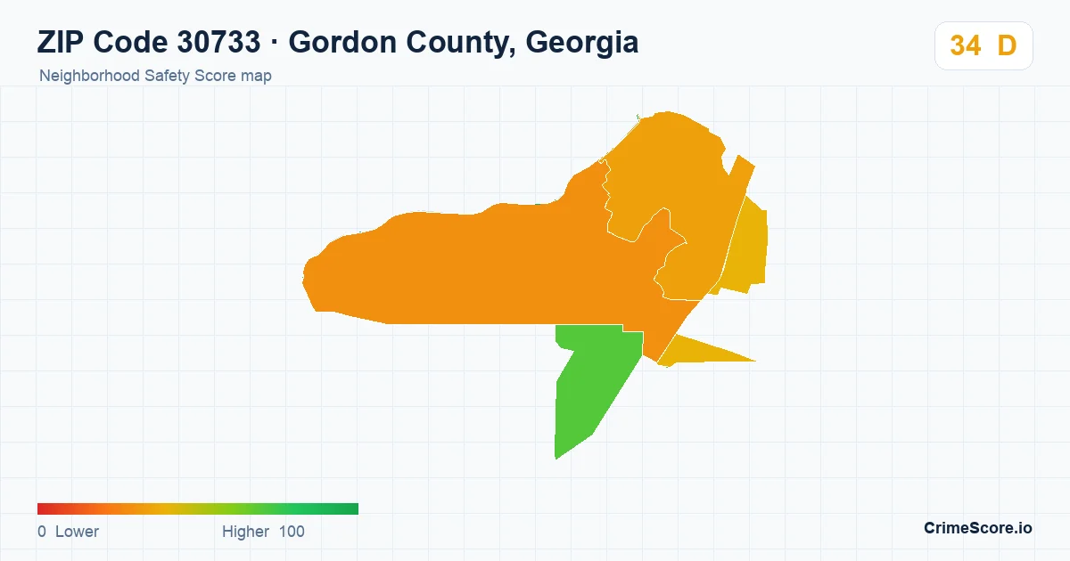 ZIP Code 30733 in Gordon County, Georgia neighborhood Safety Score map