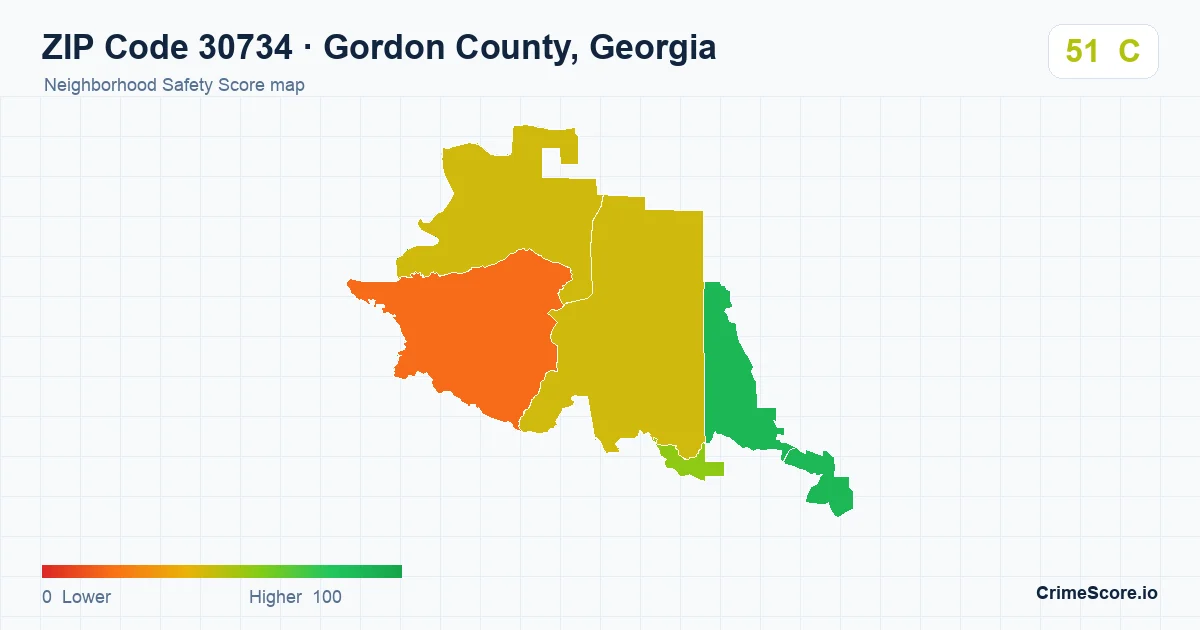 ZIP Code 30734 in Gordon County, Georgia neighborhood Safety Score map