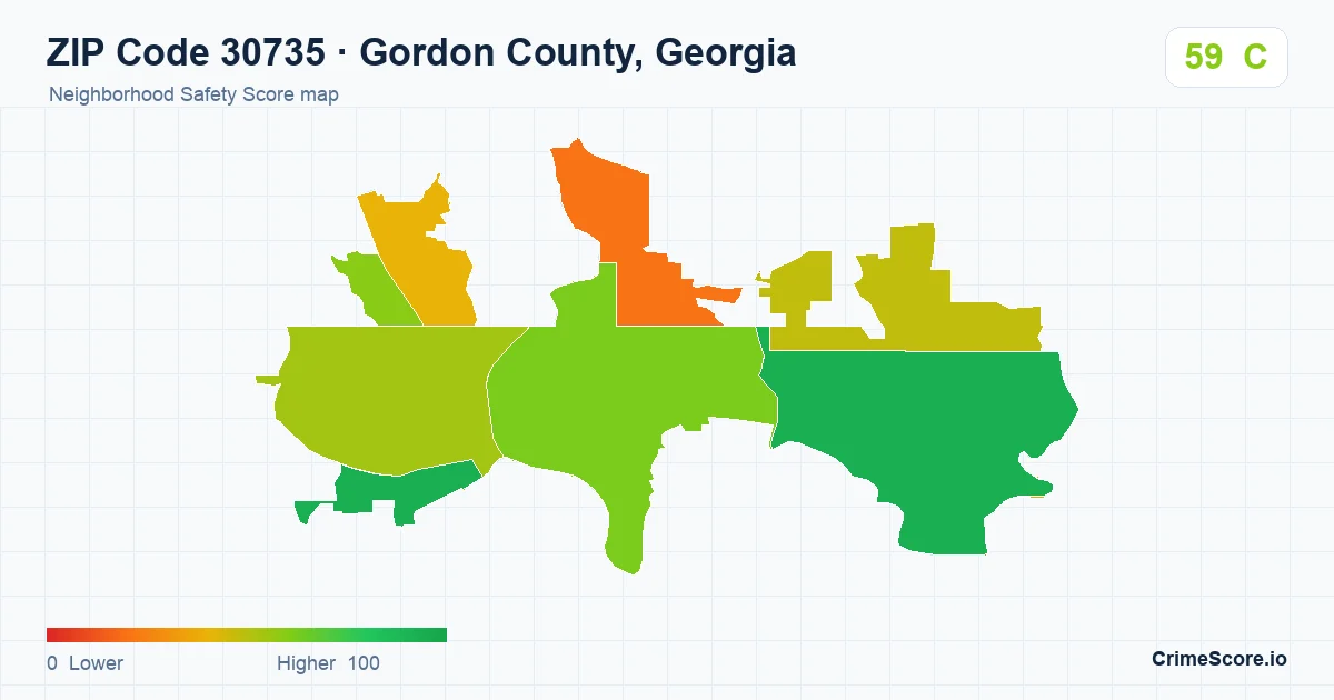 ZIP Code 30735 in Gordon County, Georgia neighborhood Safety Score map