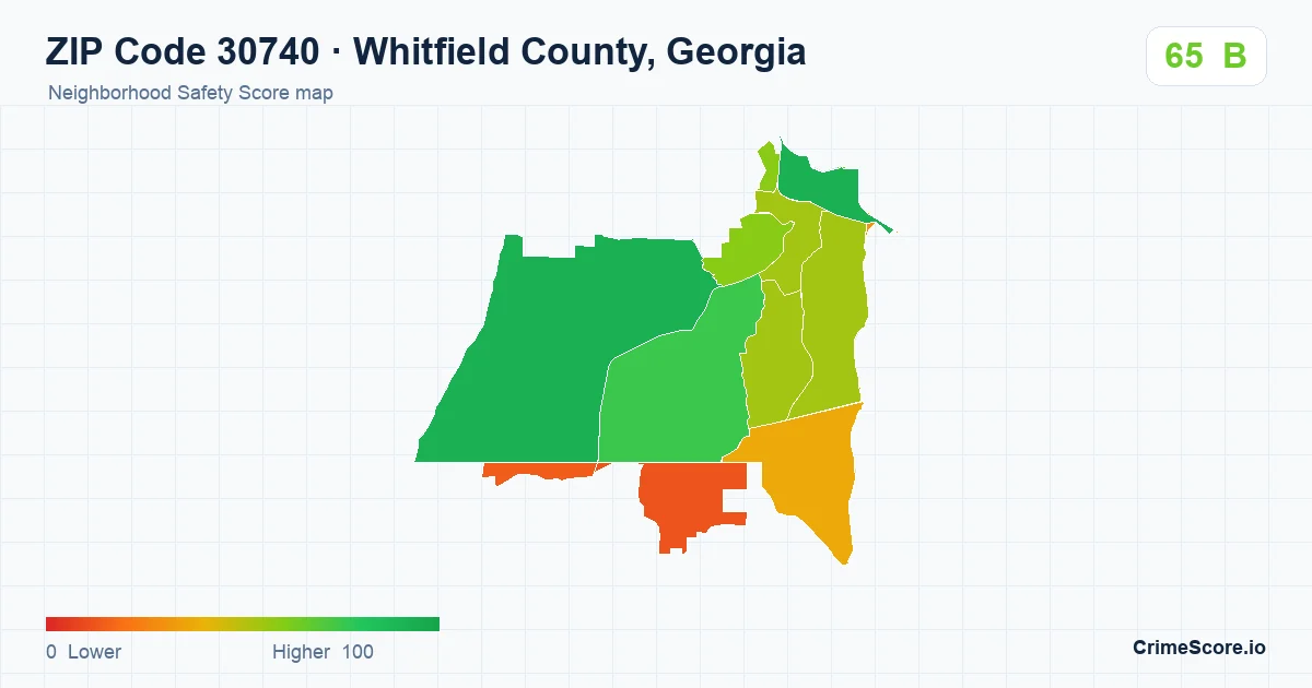 ZIP Code 30740 in Whitfield County, Georgia neighborhood Safety Score map