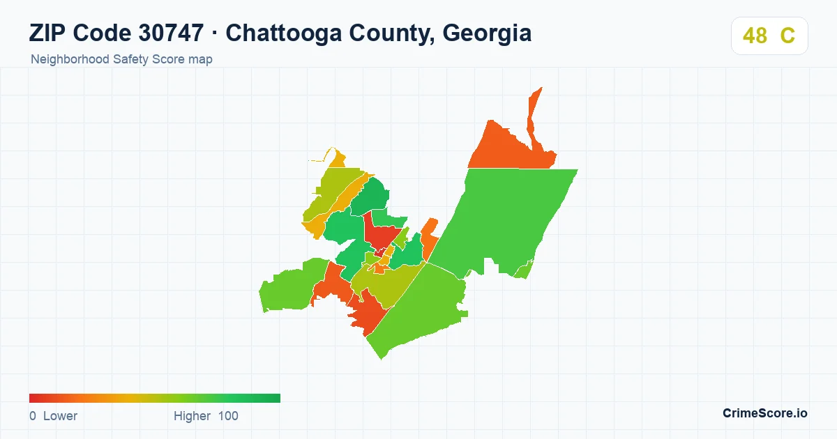ZIP Code 30747 in Chattooga County, Georgia neighborhood Safety Score map
