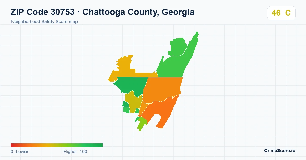ZIP Code 30753 in Chattooga County, Georgia neighborhood Safety Score map