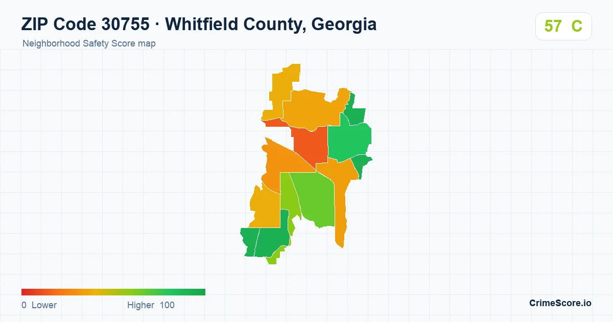 ZIP Code 30755 in Whitfield County, Georgia neighborhood Safety Score map