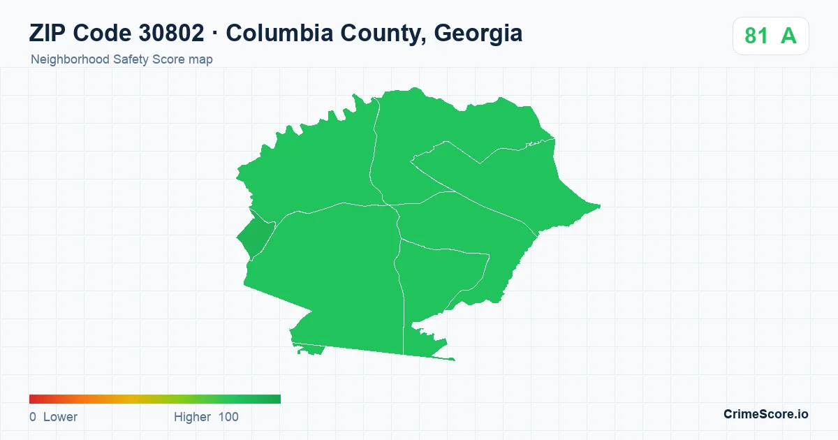 ZIP Code 30802 in Columbia County, Georgia neighborhood Safety Score map