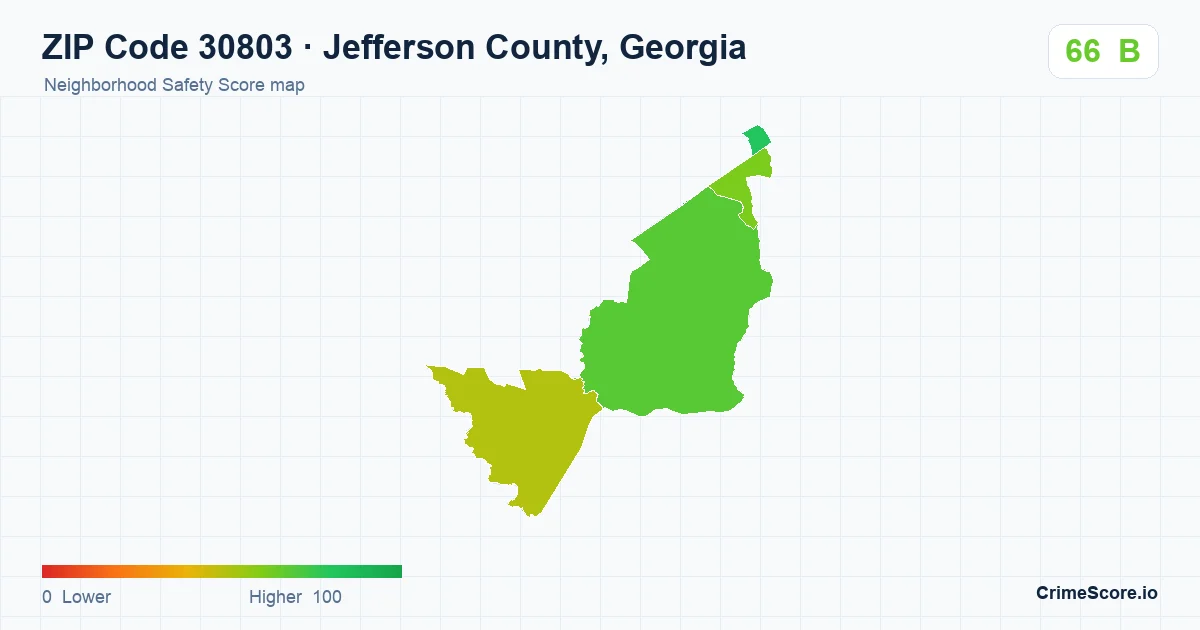 ZIP Code 30803 in Jefferson County, Georgia neighborhood Safety Score map