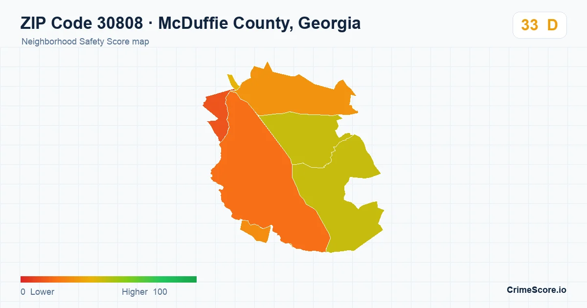 ZIP Code 30808 in McDuffie County, Georgia neighborhood Safety Score map