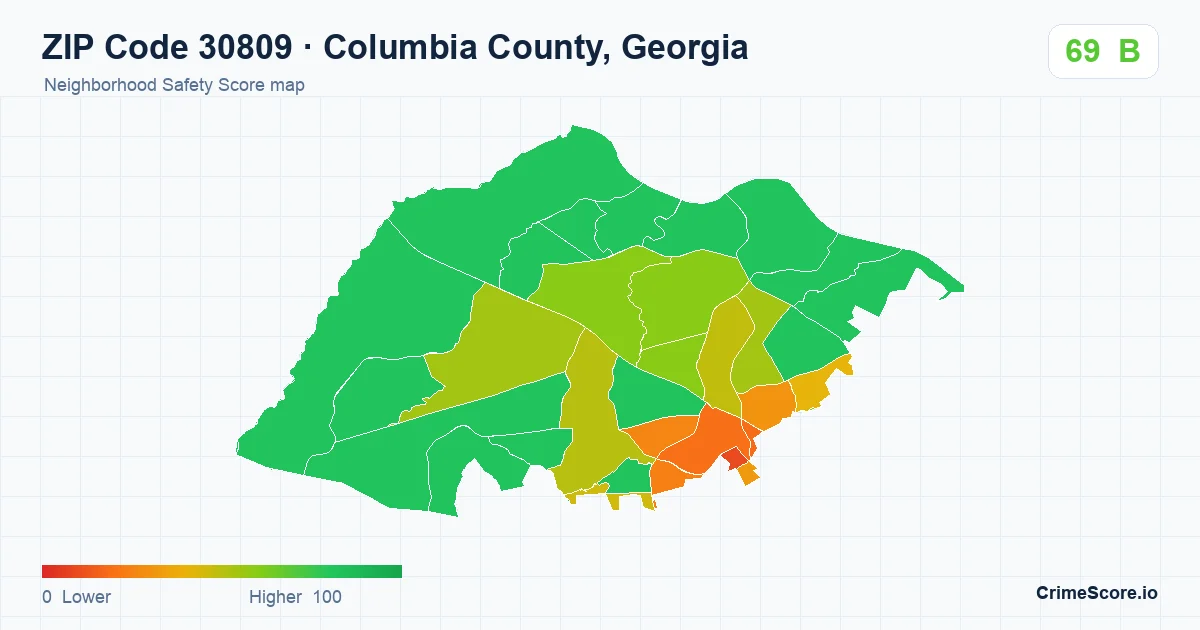 ZIP Code 30809 in Columbia County, Georgia neighborhood Safety Score map